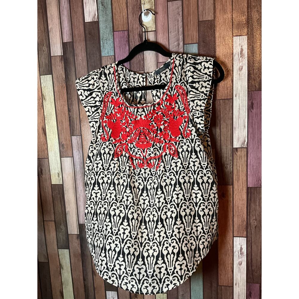 THML Anthropologie  Black and White Damask Print Red Floral Embroidery Top Small